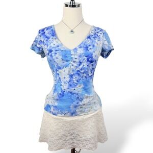 AGB Byer Womens S Blue Floral Tee Sheer Layered Soft Girl Fitted Romantic Dainty